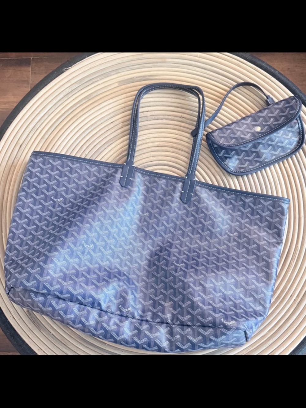 Designer-Style Navy Patterned Tote with Matching Pouch